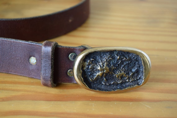 Brown Leather Belt with Cast Brass Buckle, Hand C… - image 3