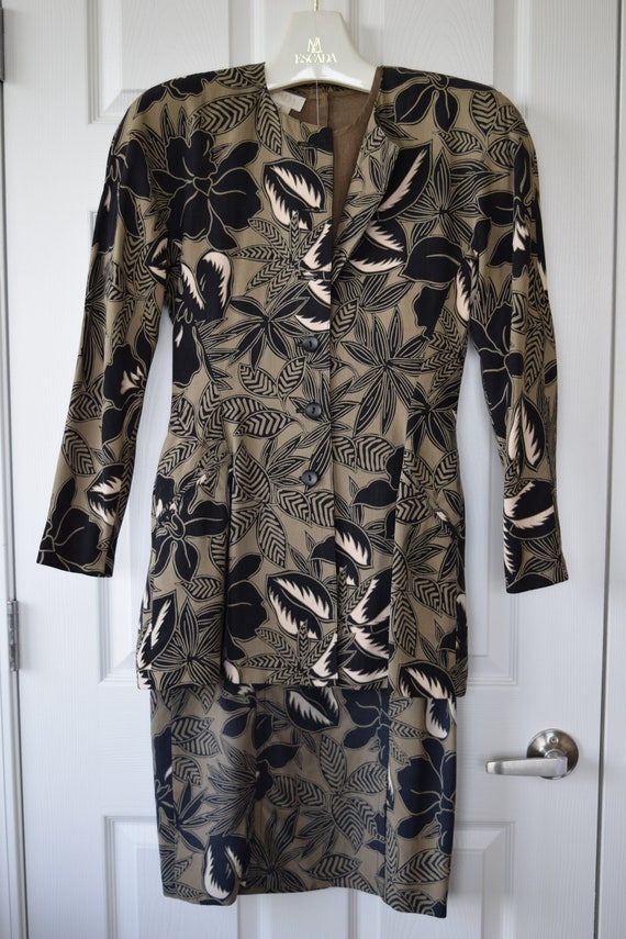 Vintage Escada 3 Piece Silk Dress; Gray-Brown, Bla