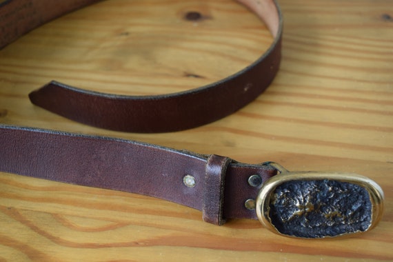 Brown Leather Belt with Cast Brass Buckle, Hand C… - image 2
