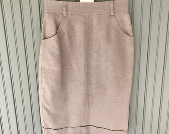 Vintage Escada Beige Linen Trouser-Style Pencil Skirt, 80's Designer Beige Linen Pencil Skirt, Size S