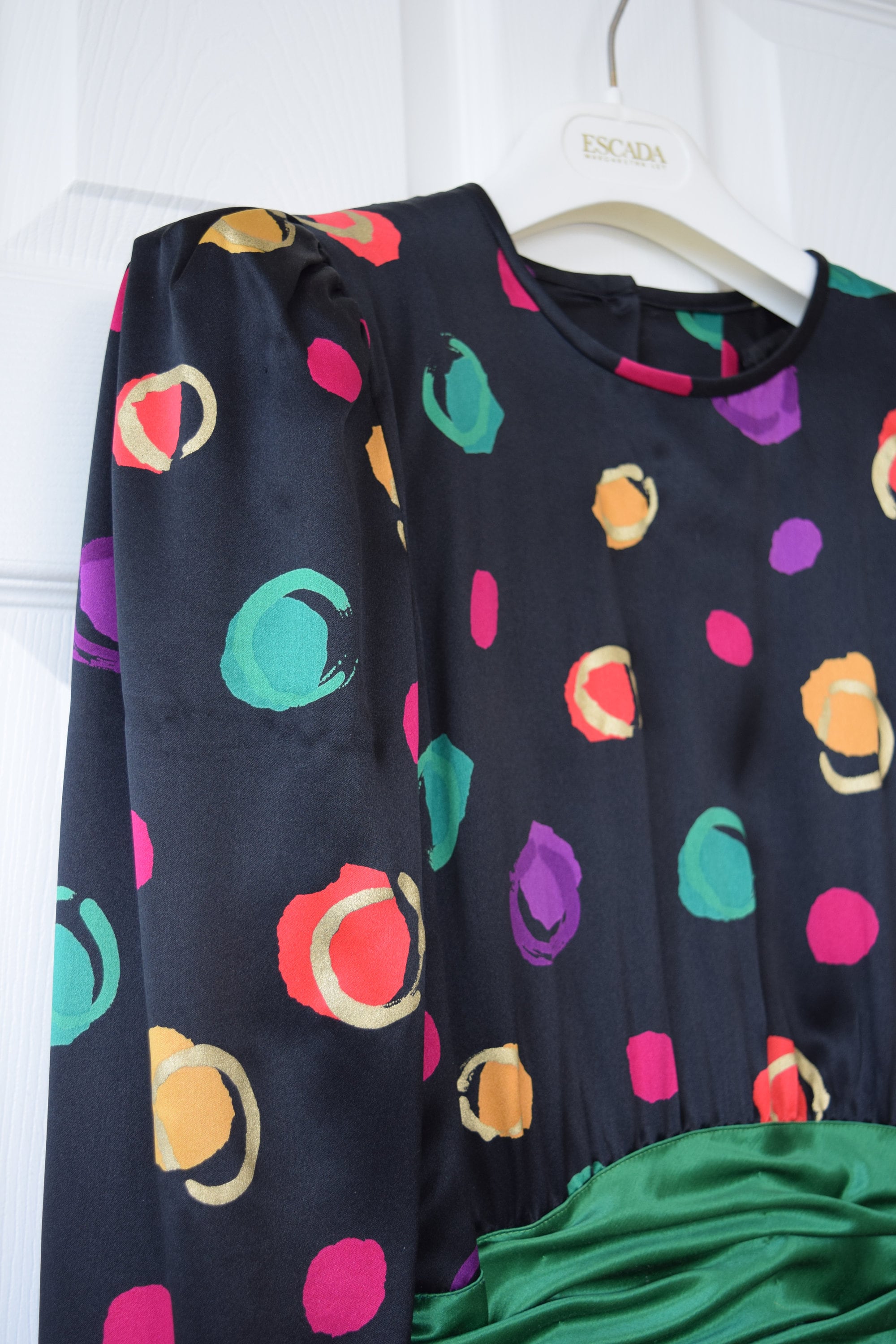 Escada 80's Silk Dress, Black Silk With Green, Purple, Pink