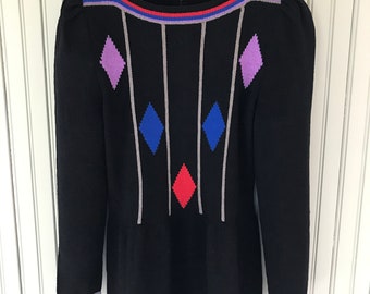 Vintage Adolfo Black Wool and Rayon Knit Dress with Red, Purple, Blue Trim, Size S