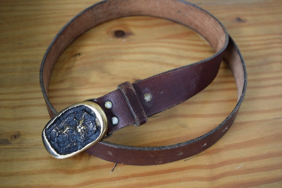 Brown Leather Belt with Cast Brass Buckle, Hand C… - image 7
