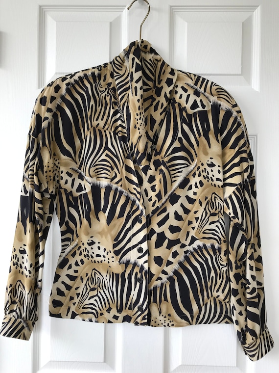 VTG 80s gold button up long sleeve button up shirt leopard Maggy London 14 silk safari animal print