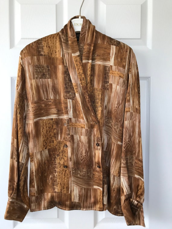 80's Escada Wrap Silk Blouse, Silk Wood and Leathe