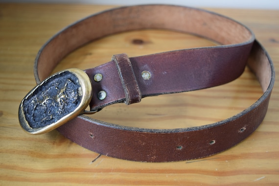 Brown Leather Belt with Cast Brass Buckle, Hand C… - image 1