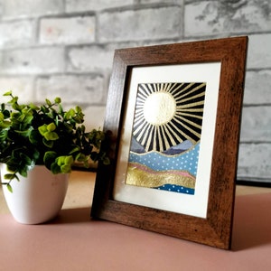 Mini painting, home office, home decor, office decor, gold leaf, celestial art, sun art, modern art, original art, framed art, postable gift