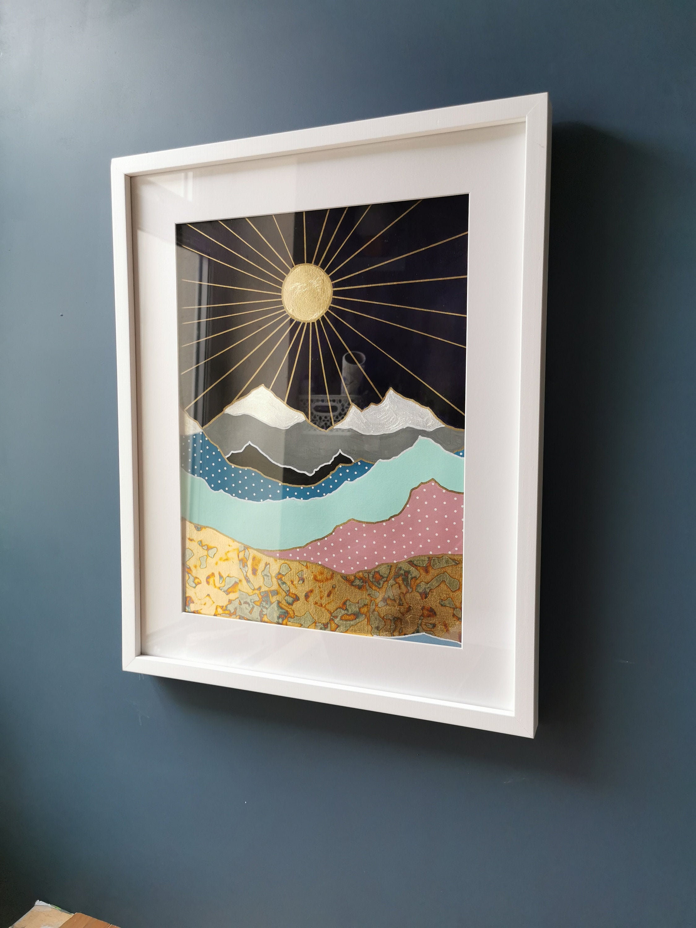 Art Abstrait, Art Paysager, Feuille d'or, Moderne, Intérieur, Décor Mural, Original, Encadré, Design