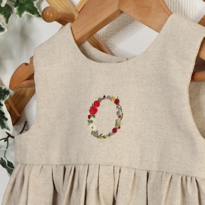 Beautiful Embroidered Personalised Floral Initial Linen Dress. Sizes 0-6 years.