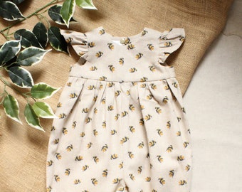 Linen Look Tiny Bumble Bee Flutter Sleeve Jumpsuit. 0-6 years.