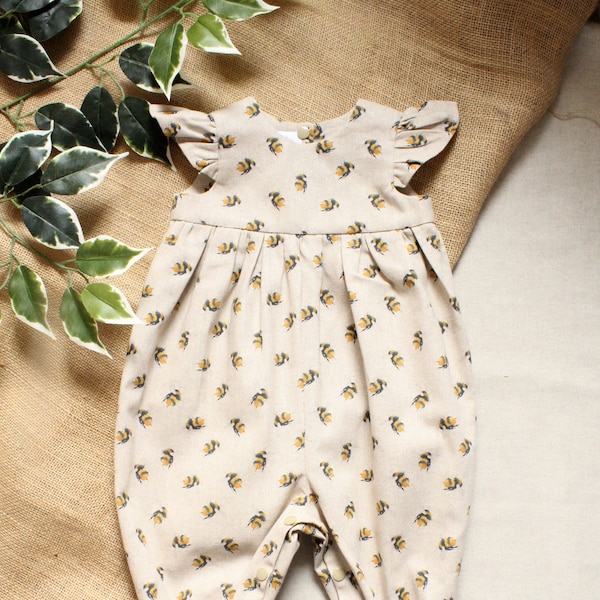 Linen Look Tiny Bumble Bee Flutter Sleeve Jumpsuit. 0-6 years.