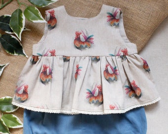 Colourful Rooster linen Look Top and Bloomer set . 0-4 years.