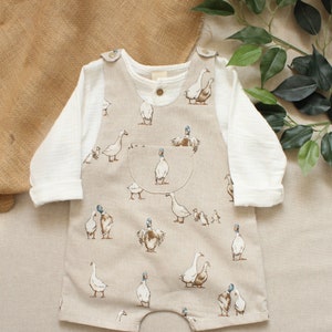 Puddle Duck Linen Look Cotton Short Dungaree Romper. 0-6 years.