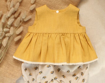 Wunderschönes Bumble Bee Leinen Top und Bloomer Set. 0-4 Jahre.