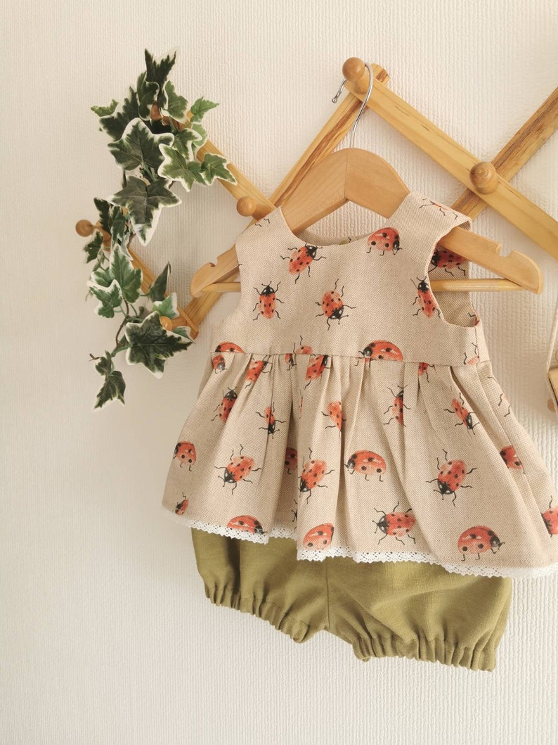 Ladybird Ladybug linen Print Top and Bloomer set . 0-4 years. image 3