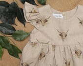 Linen Look Highland Cow Flutter Sleeve Jumpsuit. 0-6 years.