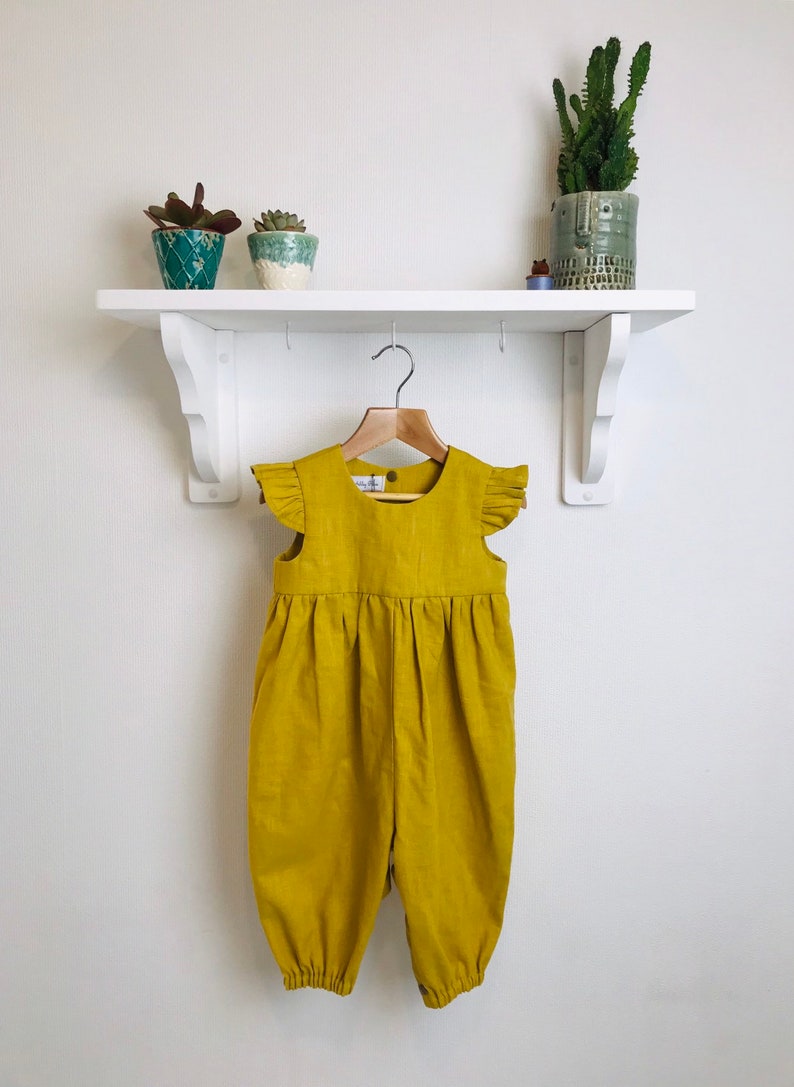 Mustard Linen Flutter Sleeve Jumpsuit. 0-6 years. image 1