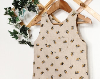 Mustard Bumble Bee Linen Look Cotton Dungaree Style Romper. 0-6 years.