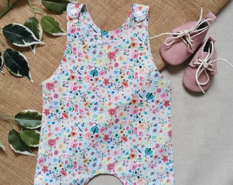 Summer Floral, Cotton Short Dungaree Romper. 0-6 years.