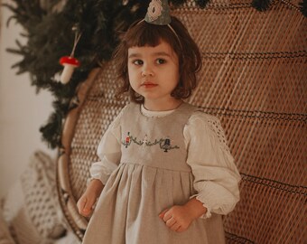 The Nutcracker Christmas Embroidered Girls Linen Dress. Sizes 0-6 years.