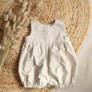 Embroidered Personalised Floral Initial Linen Romper. Sizes 0-4 years.