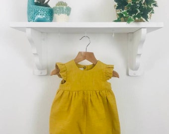 Beautiful Mustard, Ochre Linen Romper with Flutter Sleeve. 0-4 years.