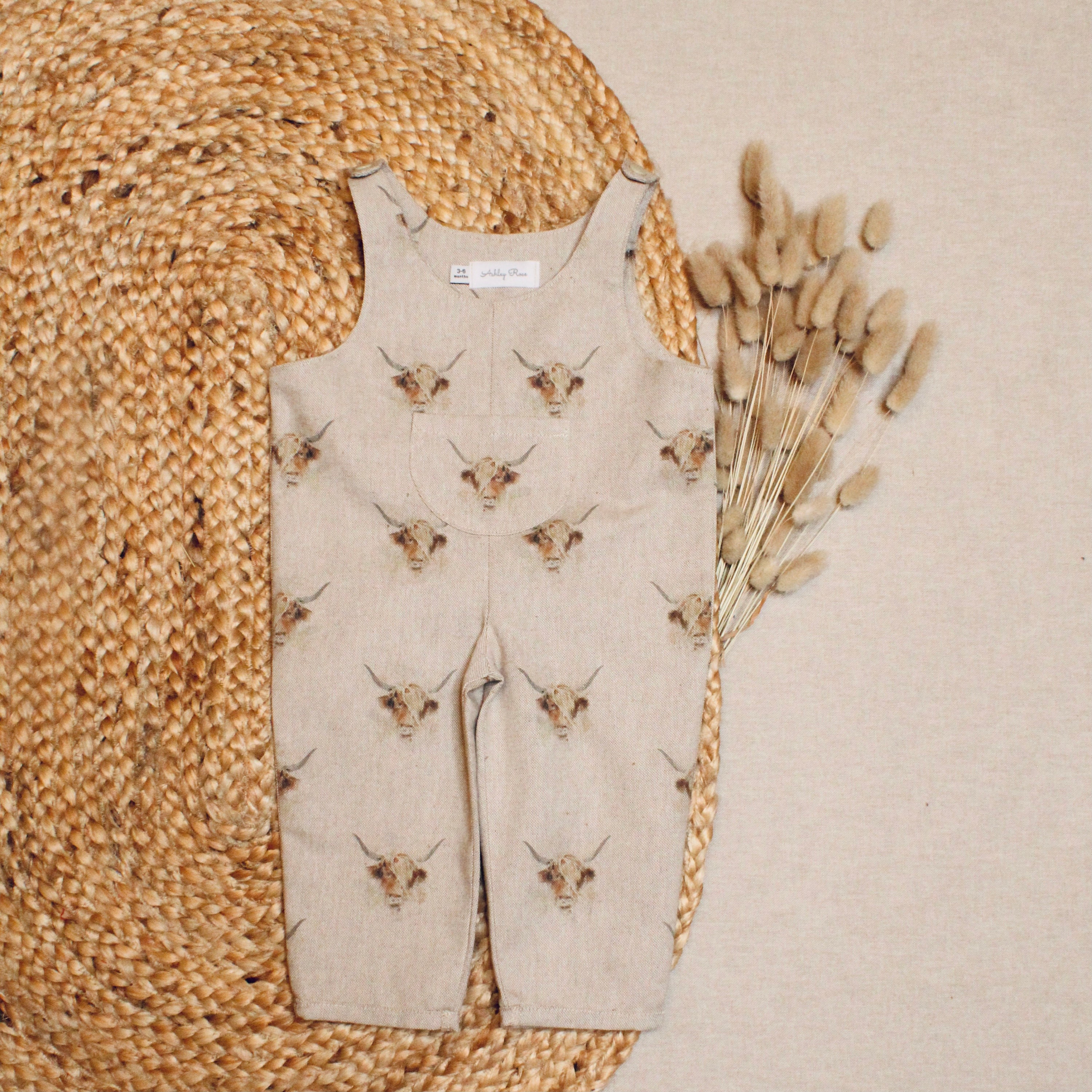 Linen Look Highland Cow Print Dungarees 