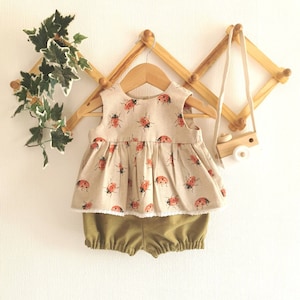 Ladybird Ladybug linen Print Top and Bloomer set . 0-4 years. image 1