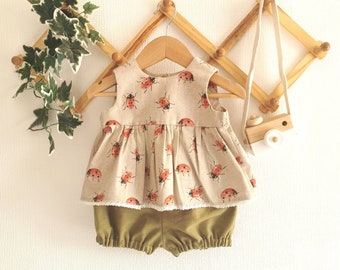 Ladybird Ladybug linen Print Top and Bloomer set . 0-4 years.