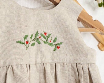 Holly Berry Besticktes Leinenkleid für Mädchen. Grössen 0-6 Jahre.