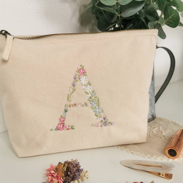 Personalised makeup bag, Embroidered Floral Initial Makeup, Cosmetic Bag. Mummy Essentials Bag.