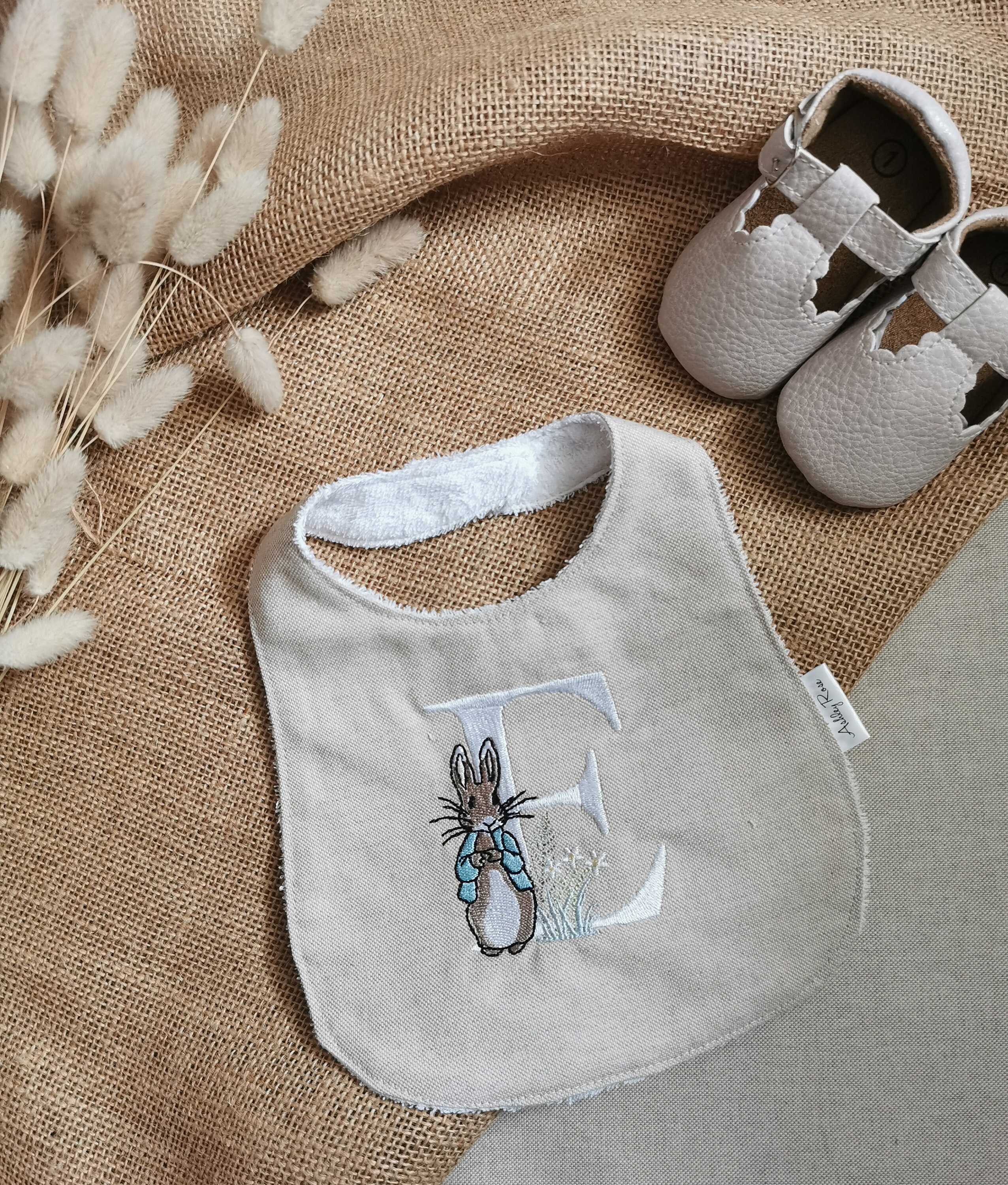 Baby bib bandana in white cotton with duck embroidery in applied and  embroidered name