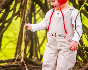Christmas Drummer Boy, Embroidered Linen Look Dungarees. Sizes 0-6 years