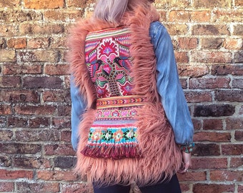 Embroidered Pink Shaggy Faux Fur Waistcoat with Vintage Thai Hmong Embroideries & Beading