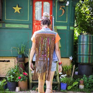 Fringed Sequin Denim Waistcoat with Vintage Hmong Hill Tribe Textiles and Beadwork image 1