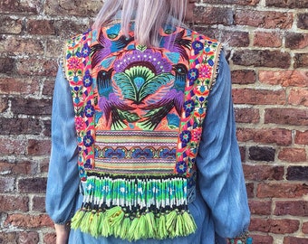 Hmong Embroidered Denim Waistcoat with Vintage Hill Tribe Textiles, Indian Embroideries & Beading