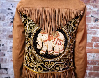 Vegan Leather Western Style Fringed Elephant Jacket with Thai Embroideries and Beadwork