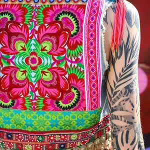 Hmong Embroidered Denim Waistcoat with Kuchi Banjara Beaded Hem and Tassels image 2