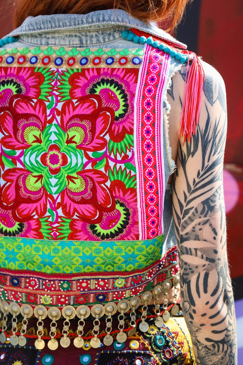 Hmong Embroidered Denim Waistcoat with Kuchi Banjara Beaded Hem and Tassels image 2