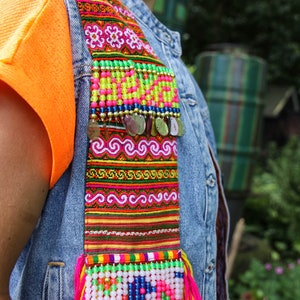 Fringed Sequin Denim Waistcoat with Vintage Hmong Hill Tribe Textiles and Beadwork image 8