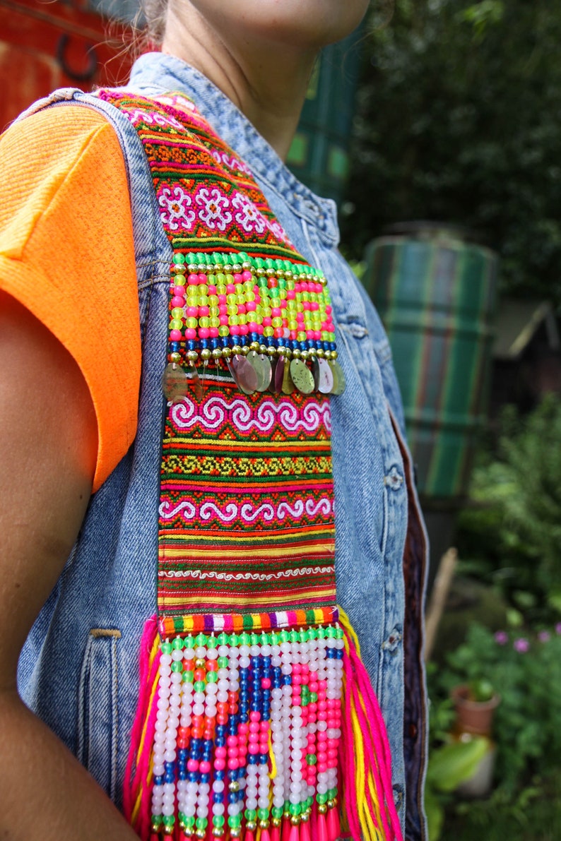 Fringed Sequin Denim Waistcoat with Vintage Hmong Hill Tribe Textiles and Beadwork image 8