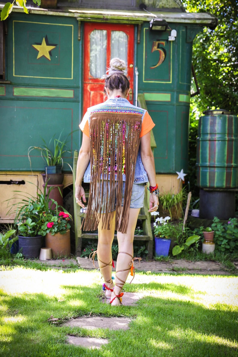 Fringed Sequin Denim Waistcoat with Vintage Hmong Hill Tribe Textiles and Beadwork image 1