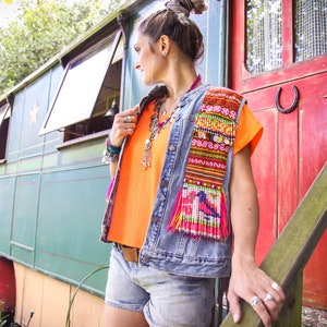 Fringed Sequin Denim Waistcoat with Vintage Hmong Hill Tribe Textiles and Beadwork image 7