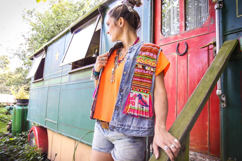 Fringed Sequin Denim Waistcoat with Vintage Hmong Hill Tribe Textiles and Beadwork image 7