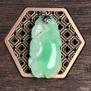 Quality Auspicious carved translucent Apple green Burmese Jadeite Jade Ruyi Pendant with 18k solid white gold bail