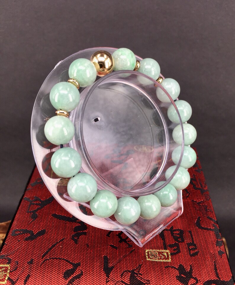 Grade A Type A Light Green Burmese Jadeite Jade beads bracelet with 14k gold filled spacer beads