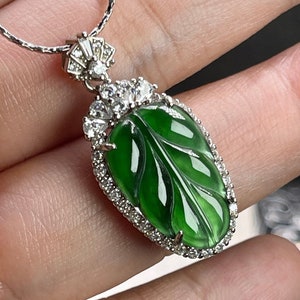Certified icy Highly translucent carved leaf green Burmese Jadeite Jade pendant