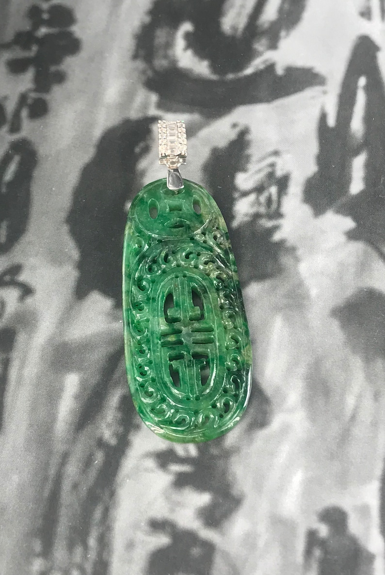 Beautiful vivid full green carved Burmese jadeite jade pendant with 925 sterling silver cubic zirconia bail Type A