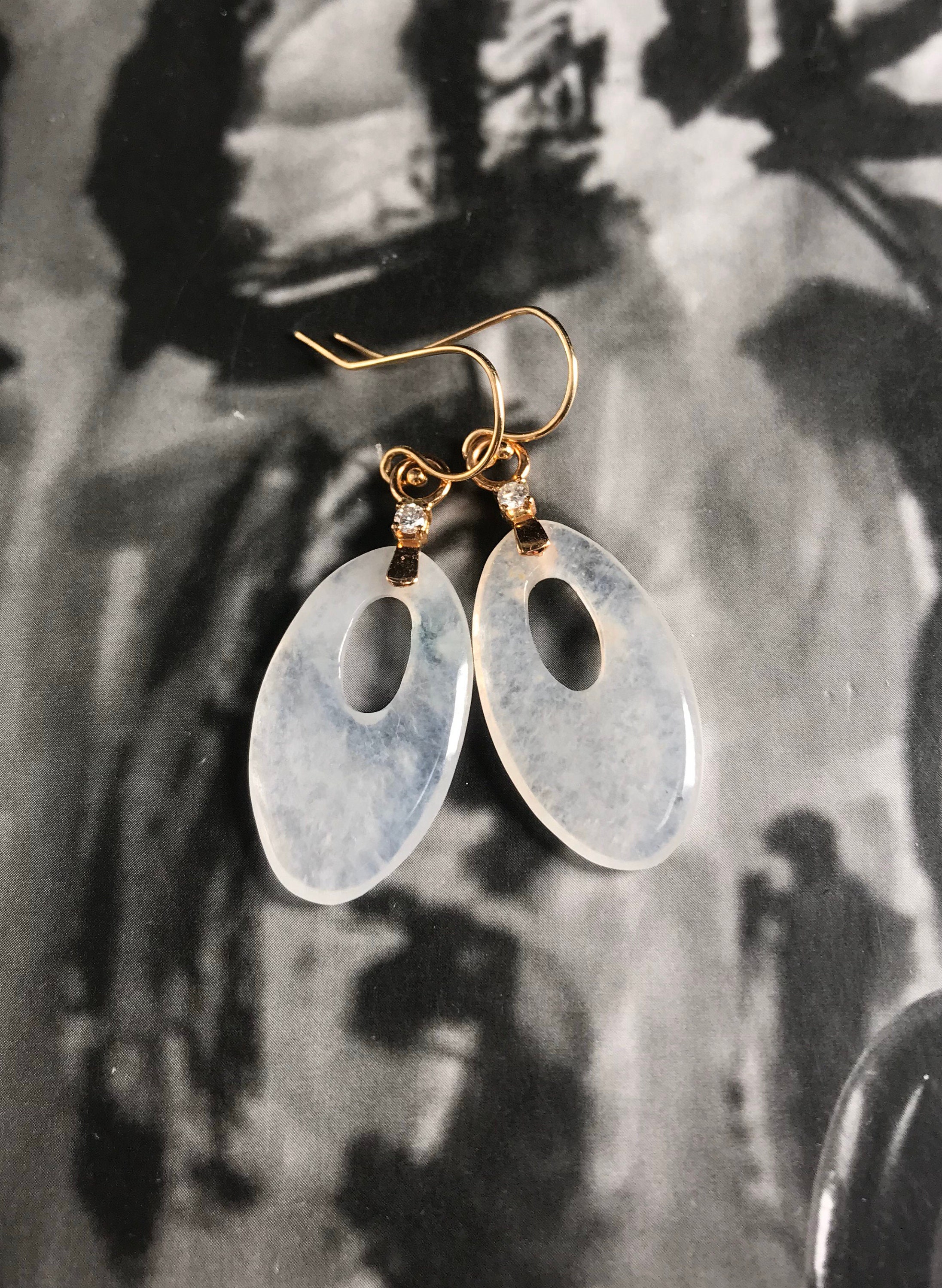 18K Solid Yellow Gold Icy Translucent Burmese Jadeite Jade 