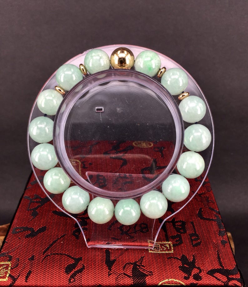 Grade A Type A Light Green Burmese Jadeite Jade beads bracelet with 14k gold filled spacer beads